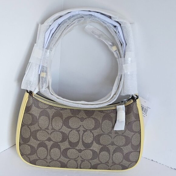 Coach Teri Shoulder Bag Brown CA548 Signature Canvas Yellow Crossbody ORGPKG - Picture 4 of 13